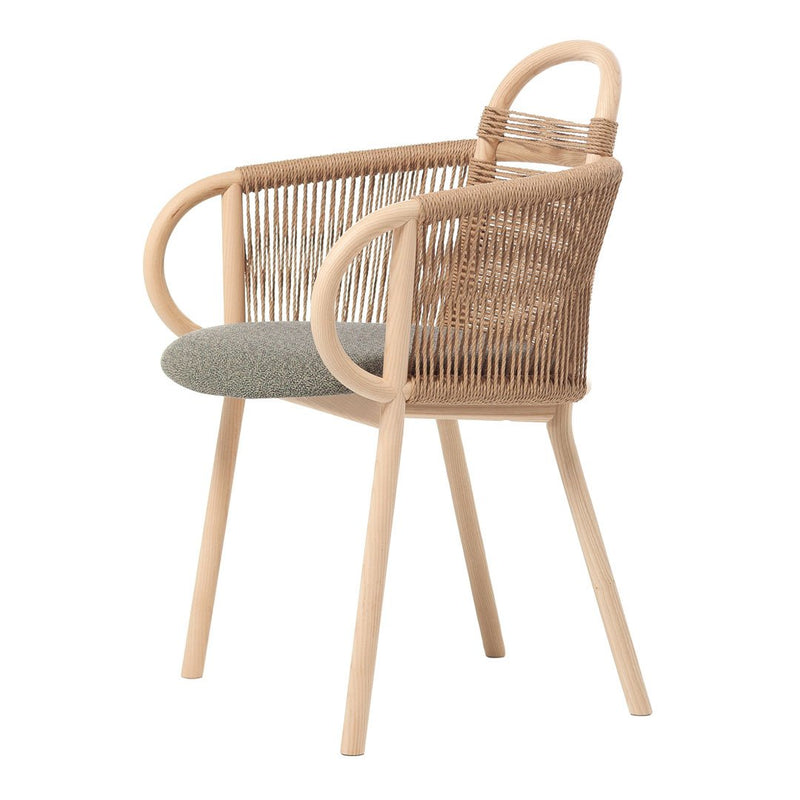 Natural wood-toned chair with a woven design and soft gray upholstery for a modern, stylish look.