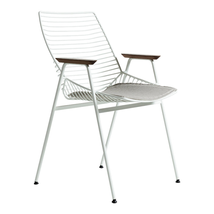 White metal chair with striped pattern, featuring natural wood armrests and minimalist design.