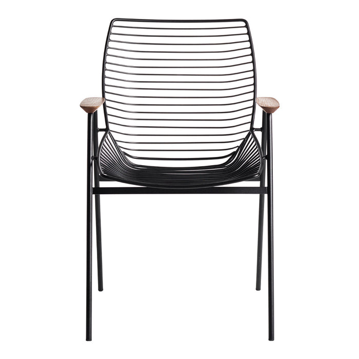Modern black striped chair with wooden armrests, showcasing a sleek and minimalist design. Perfect for chic interiors.