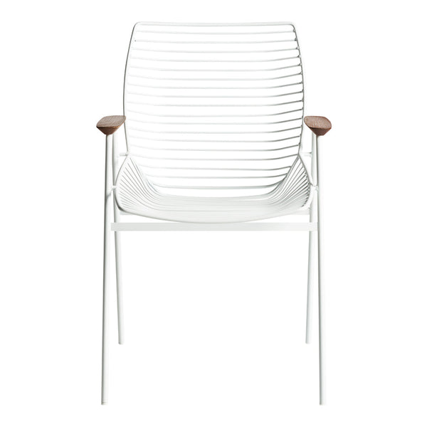 White chair with horizontal slatted pattern and natural wood armrests, perfect for modern decor.