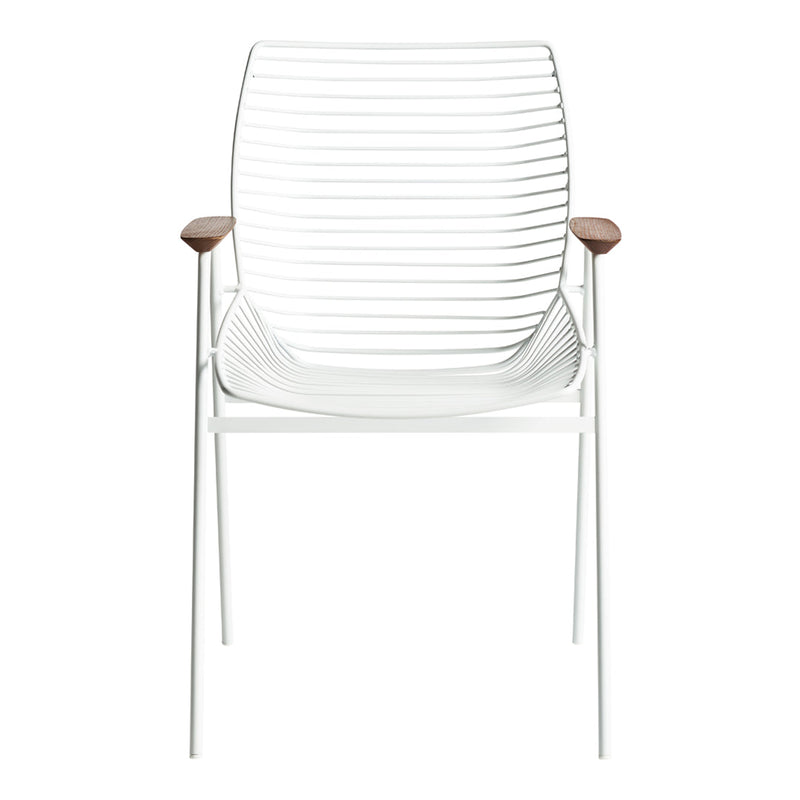 White chair with horizontal slatted pattern and natural wood armrests, perfect for modern decor.