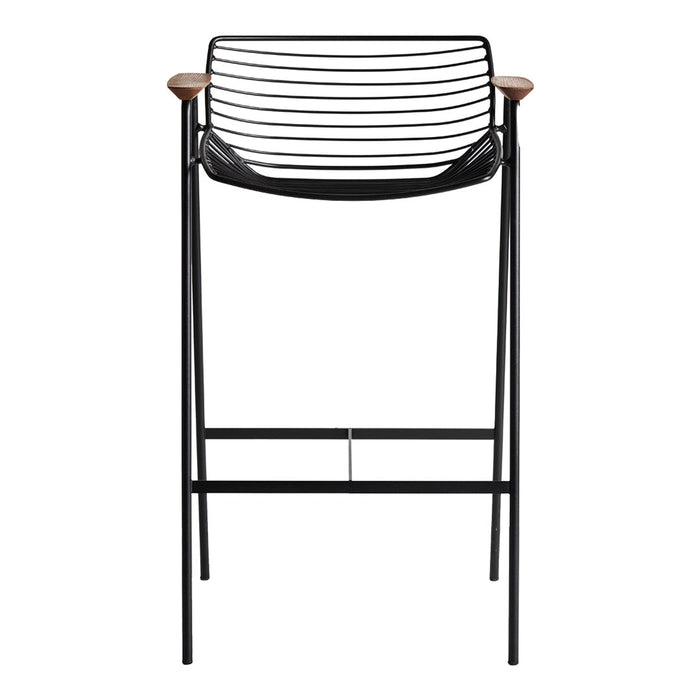 Black metal bar chair with horizontal slatted design and wooden armrests. Modern, minimalist style for any space.
