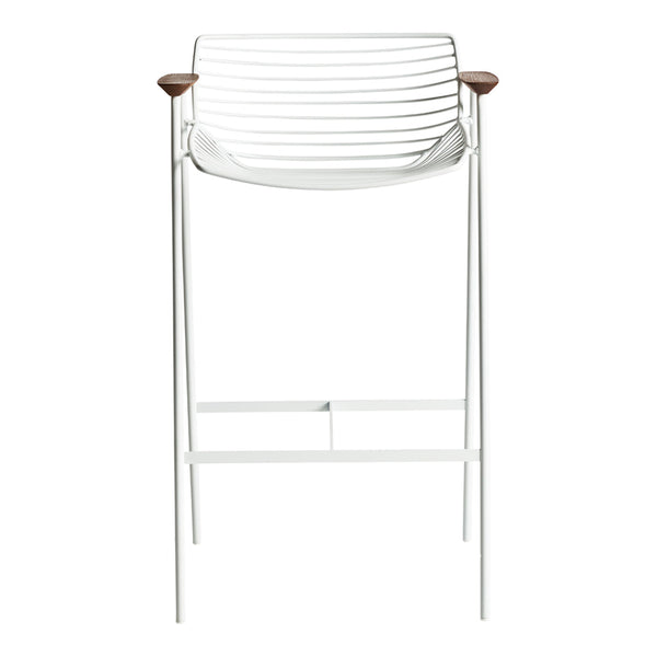 White slatted bar stool with natural wood accents and a sleek metal frame, perfect for modern decor.