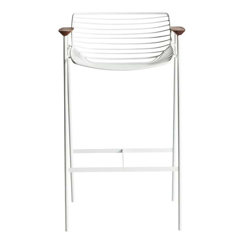 White slatted bar stool with natural wood accents and a sleek metal frame, perfect for modern decor.