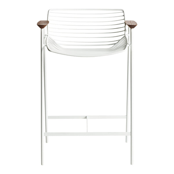 White modern bar chair with sleek horizontal lines and natural wood accents on the armrests.