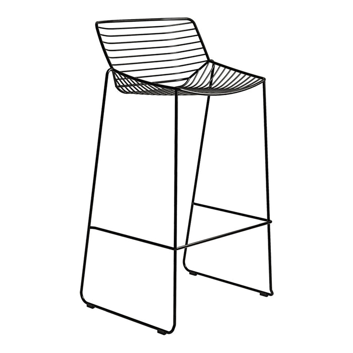 Black wire bar stool with sleek, modern lines and a minimalist striped backrest design.