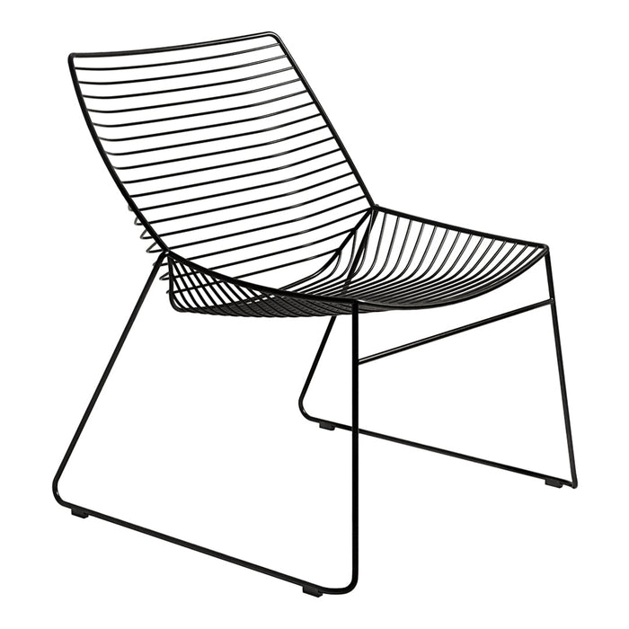 Black wire chair with a modern, minimalist design featuring horizontal stripes and a sleek frame. Perfect for contemporary decor.