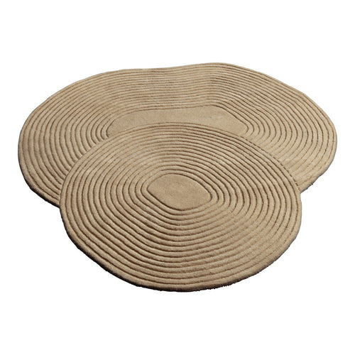 Set of two beige, oval rugs featuring a textured, concentric circular pattern for a modern, natural look.