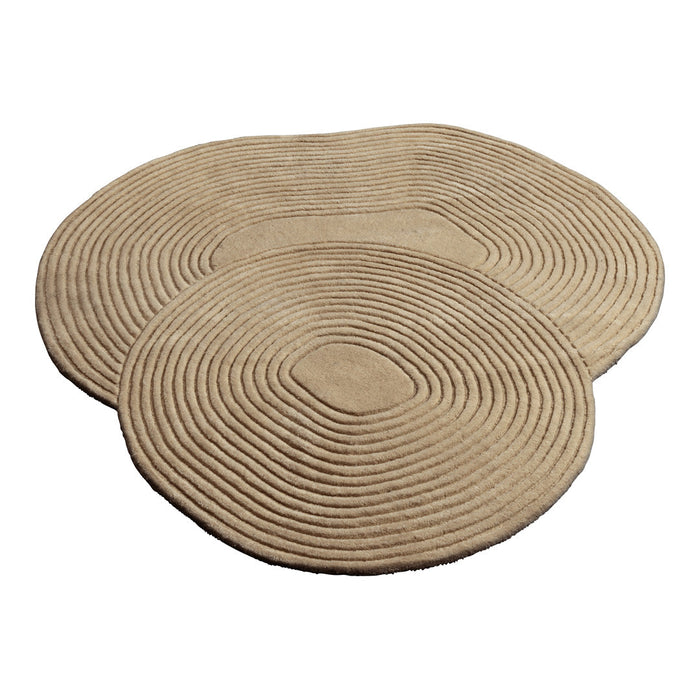 Set of two beige, oval rugs featuring a textured, concentric circular pattern for a modern, natural look.
