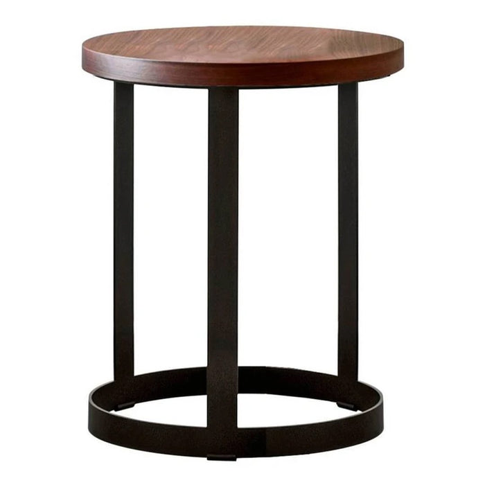 Round wooden side table with a rich walnut finish and sleek black metal legs.