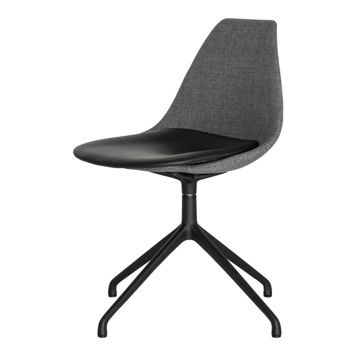 Gray fabric chair with a black leather seat and sleek black metal base, perfect for modern interiors.