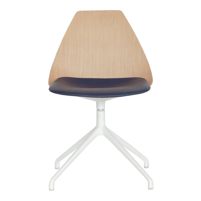 Modern chair with a light wood back, dark blue seat, and sleek white base, highlighting minimalist design.