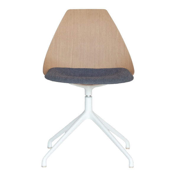 Stylish chair featuring a light wood back, dark blue seat cushion, and a sleek white metal base. Ideal for modern decor.