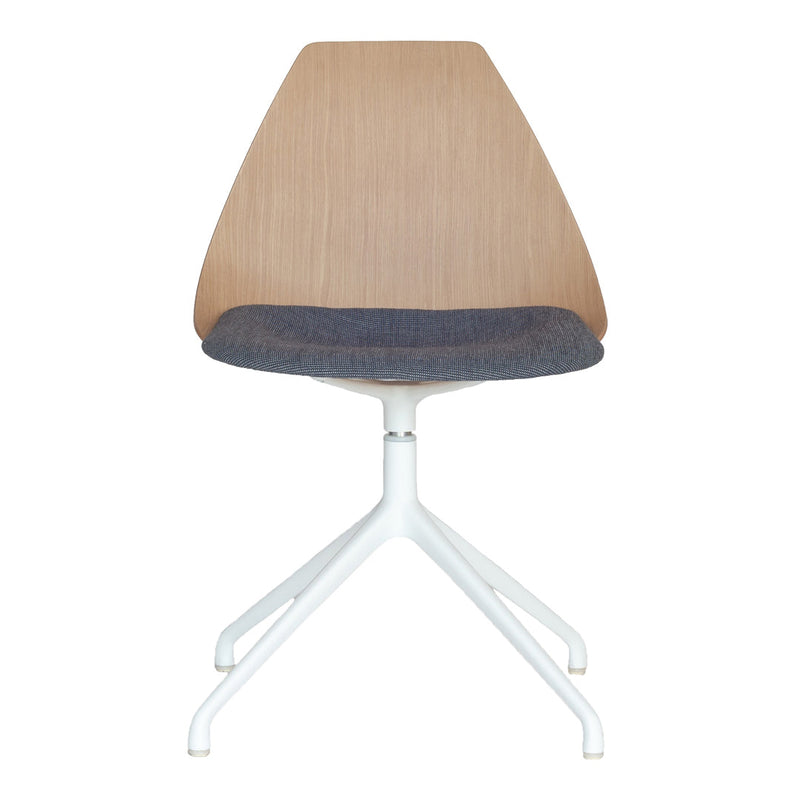 Stylish chair featuring a light wood back, dark blue seat cushion, and a sleek white metal base. Ideal for modern decor.
