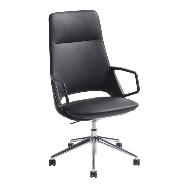 Sleek black leather office chair with smooth finish and chrome accents, perfect for modern workspace decor.