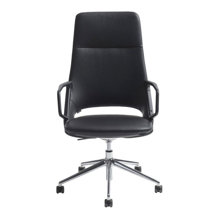 Elegant black leather office chair with smooth, minimalist design and chrome accents. Ideal for modern workspaces.