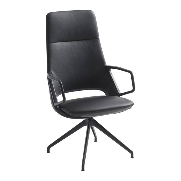 Sleek black leather office chair with a minimalist design and smooth surface, featuring a stylish, modern silhouette.