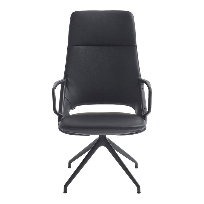 Sleek black leather office chair with smooth finish and minimalist design. Modern, stylish, and versatile for any workspace.