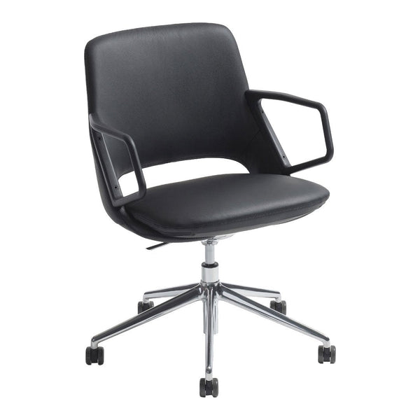 Black ergonomic office chair with a sleek chrome base and minimalist design, featuring smooth surfaces and clean lines.