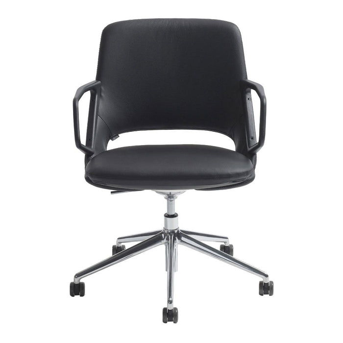 Black office chair with sleek design, featuring a smooth leather finish and chrome accents. Ideal for modern workspaces.