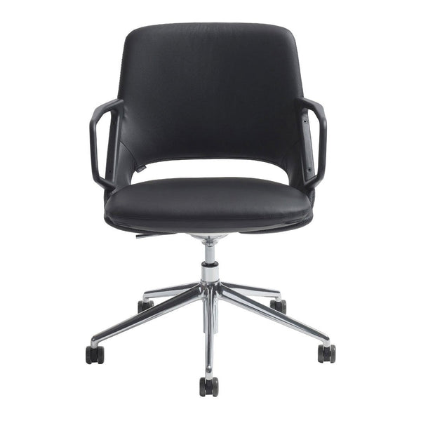 Black ergonomic office chair with chrome accents and a minimalist design, featuring a sleek, smooth finish.
