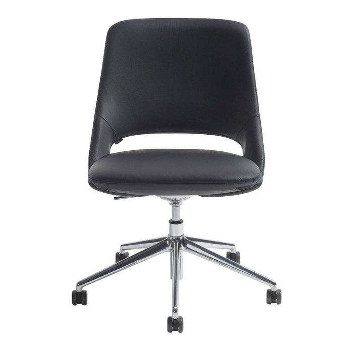 Black ergonomic office chair with a smooth, sleek design and chrome base, ideal for modern workspaces.