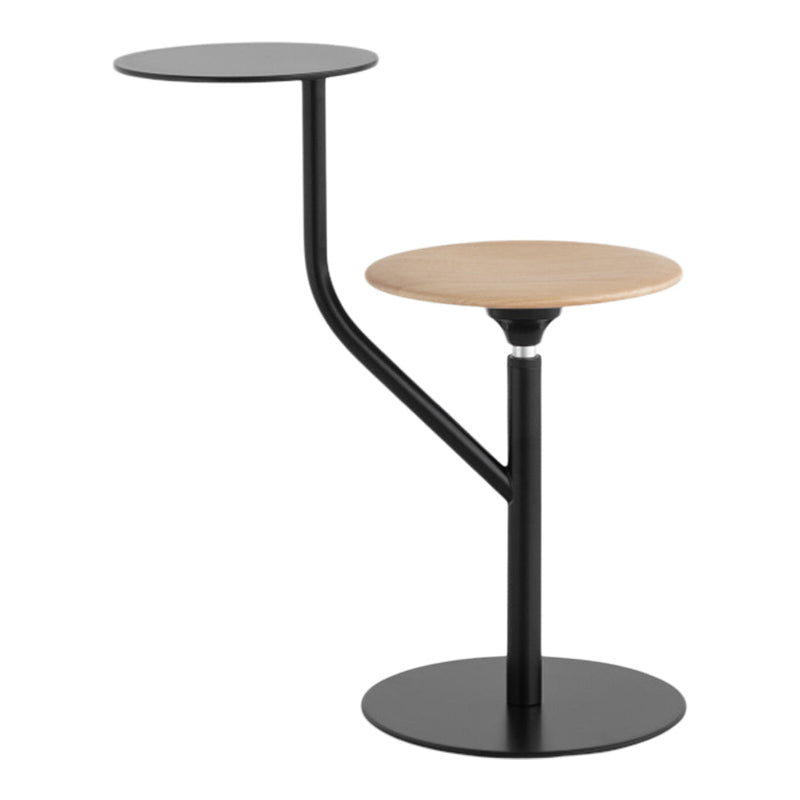 Black and natural wood finish table with a modern, curved design and two circular tops. Ideal for contemporary spaces.