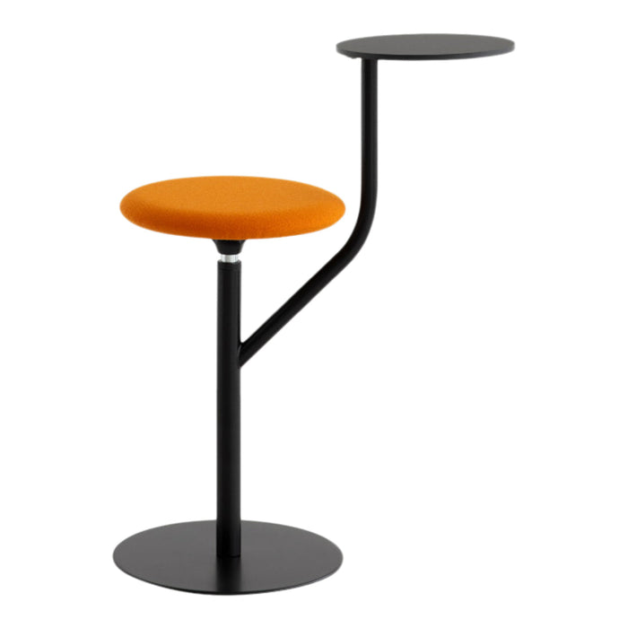 Modern stool with a bright orange cushioned seat and sleek black metal frame and round base.
