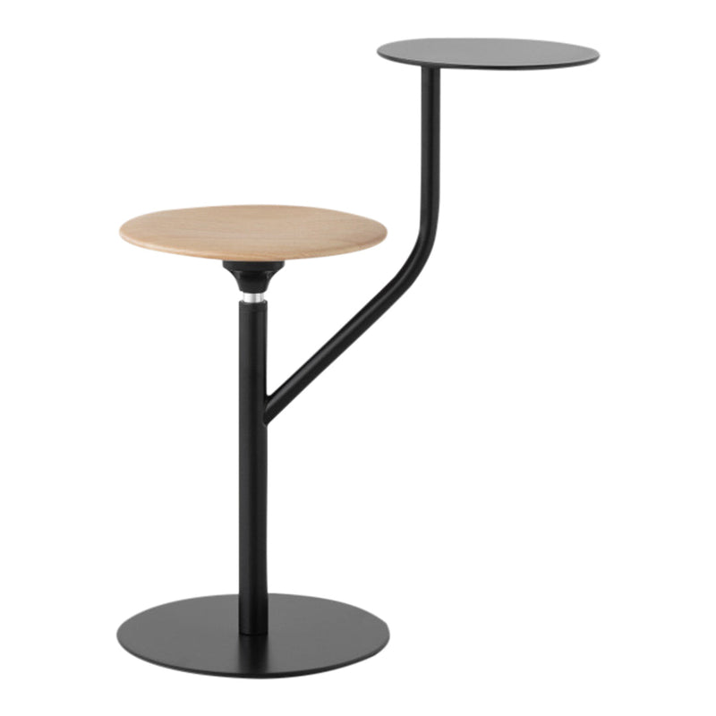 Two-tiered side table with a light wood top and black metal base, featuring clean, modern lines.