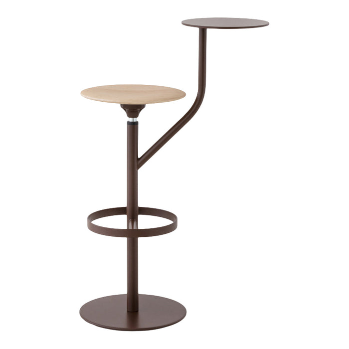 Modern bar stool featuring a natural wood seat and sleek brown metal base, with minimalist design and clean lines.
