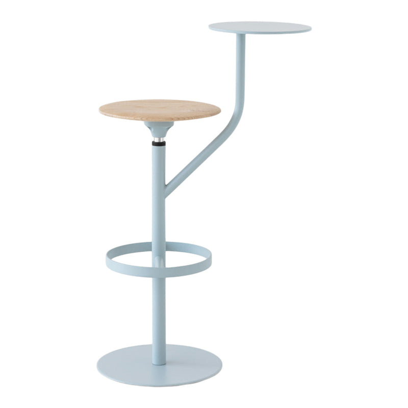 Light blue metal frame with a natural wood circular top. Sleek, modern design with a minimalistic aesthetic.