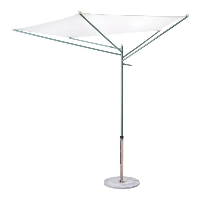 White outdoor umbrella with a sleek silver pole and a gray base, perfect for modern patio decor.
