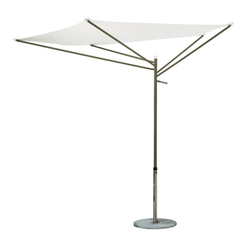 White canopy parasol with a sleek olive green frame and sturdy concrete base, perfect for outdoor shade.