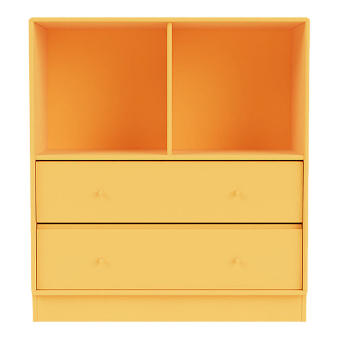 Bright orange and yellow storage shelf with two open compartments and two drawers, featuring a smooth, modern design.