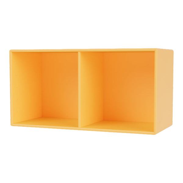 Bright yellow storage shelf with a smooth, solid surface and two open compartments. Cheerful and modern design.