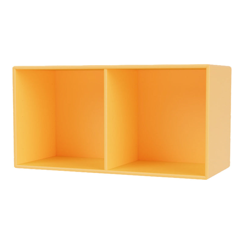 Bright yellow storage shelf with a smooth, solid surface and two open compartments. Cheerful and modern design.