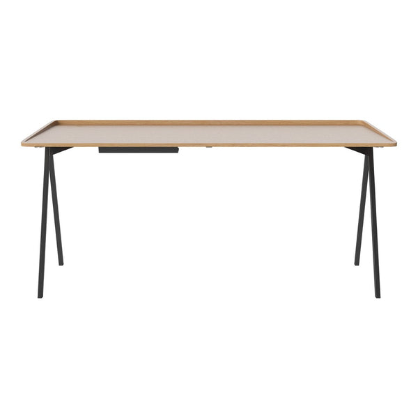 Light wood desk with a smooth cream tabletop and sleek black metal legs, featuring minimalist design.