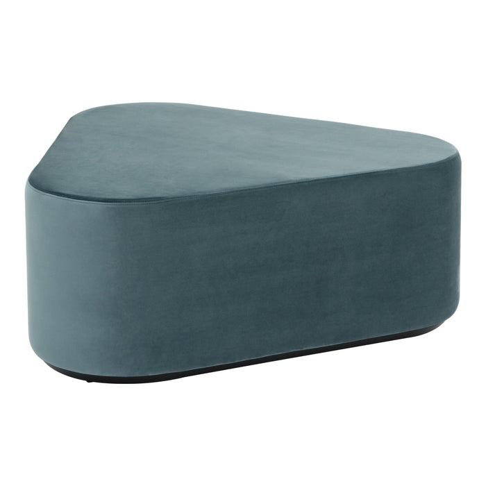 Teal velvet geometric ottoman with a smooth finish, ideal for modern decor. Perfect accent piece in any space.