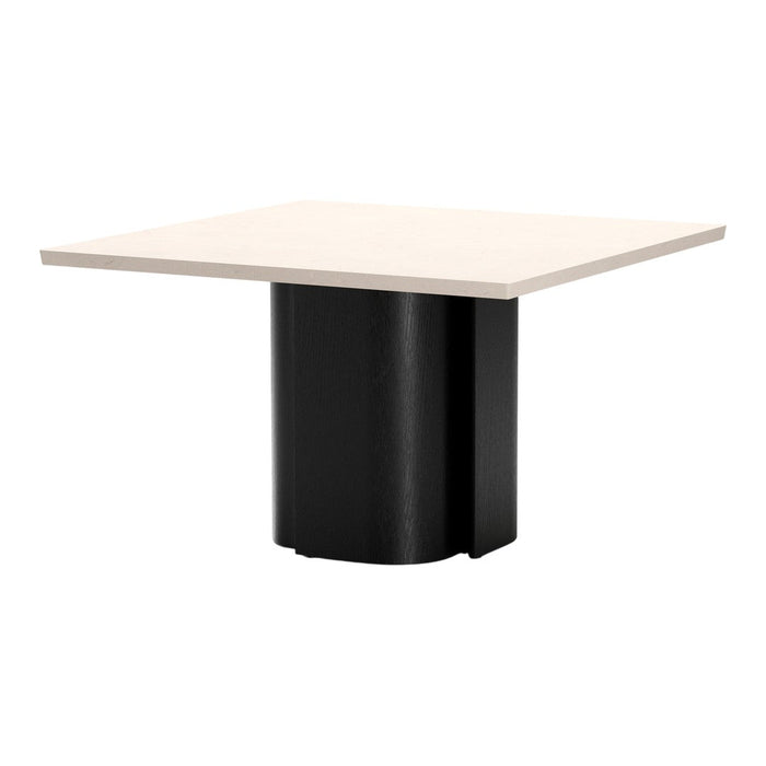 Modern square table with a smooth white top and sleek black cylindrical base, perfect for contemporary spaces.