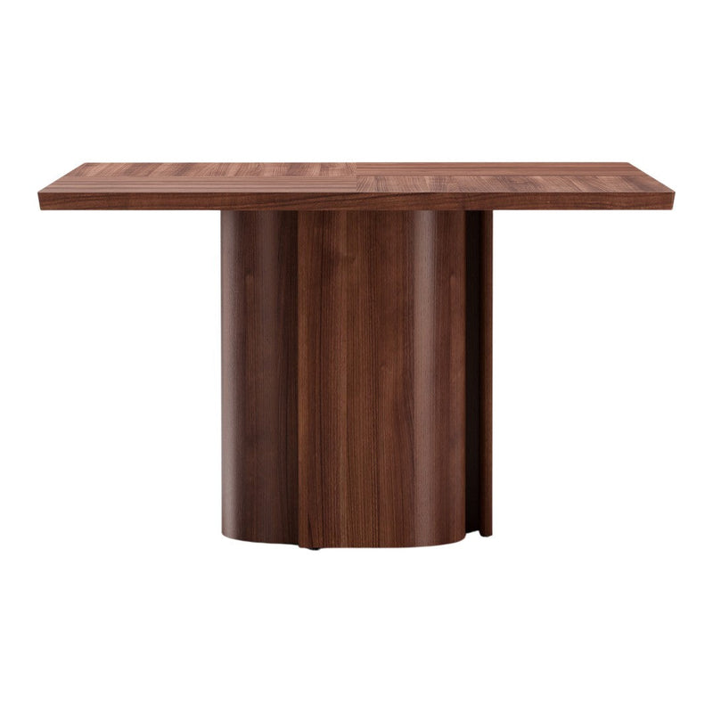 Wooden dining table with a rich walnut finish and smooth, modern design. Ideal for contemporary spaces.