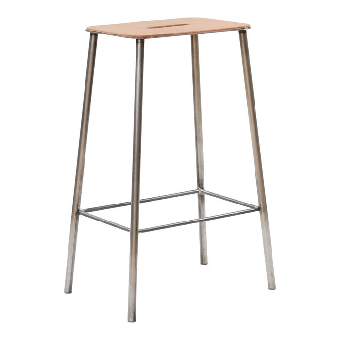 Wooden bar stool with a natural finish and silver metal legs. Simple, modern design with a clean, minimalist look.