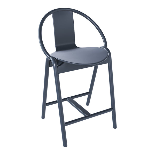 Sleek dark gray bar stool with a minimalist design and rounded backrest. Ideal for modern interiors.