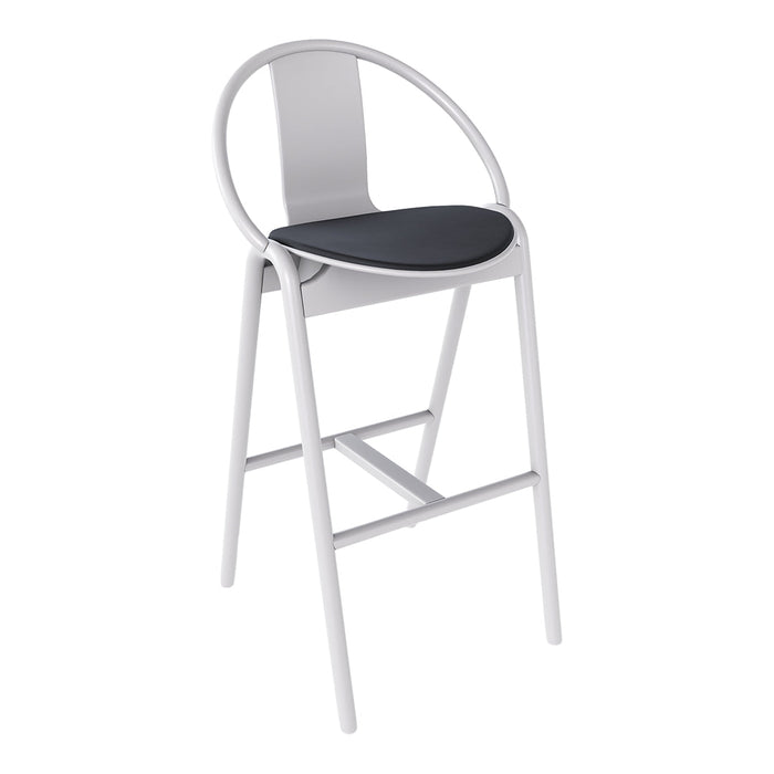 Modern white bar stool with a sleek circular back and dark gray seat, perfect for contemporary spaces.