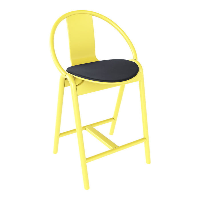 Yellow bar stool with a sleek round back and black seat, featuring a modern and minimalist design.