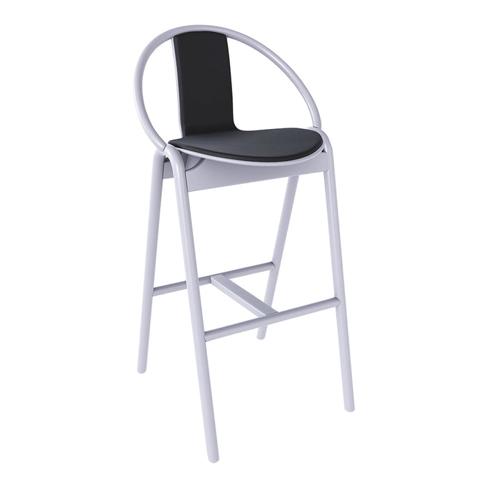 Modern bar stool in sleek white frame with matte black seat, featuring a minimalistic design and round backrest.
