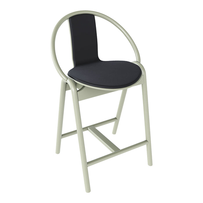 Modern bar chair with a sleek light gray frame and contrasting black seat and backrest, featuring a minimalist circular design.