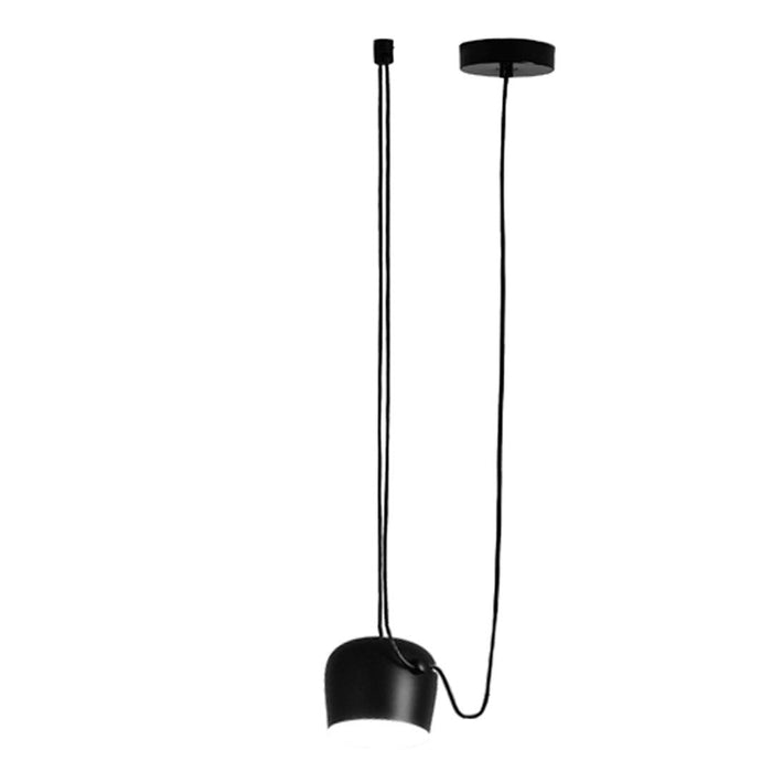 Black pendant lamp with a minimalist design and sleek black cord, adding a modern touch to any space.
