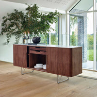 Modern wooden sideboard featuring rich brown tones with sleek metal legs and a minimalist design.
