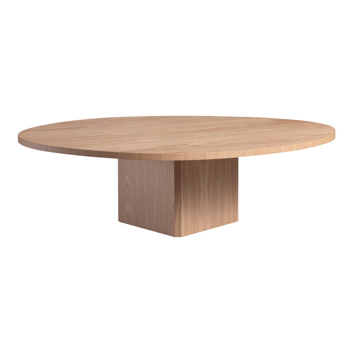 Natural wood finish round coffee table, featuring a smooth surface and a minimalist square pedestal base.