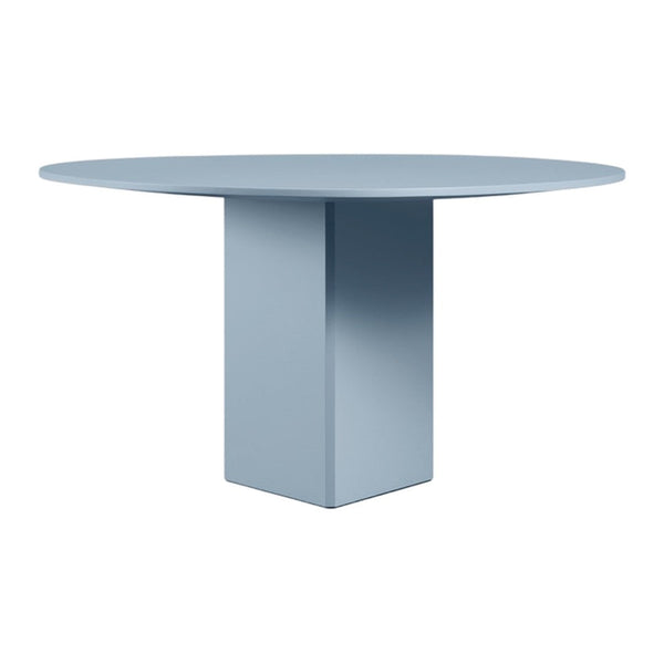 Light blue round dining table with a matte finish, featuring a solid cube base. Perfect blend of elegance and modern design.